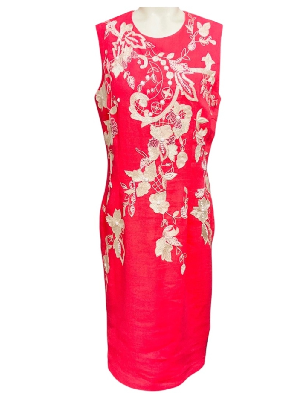 NAEEM KHAN CORAL / IVORY EMBROIDERED SLEEVELESS LINEN MIDI DRESS